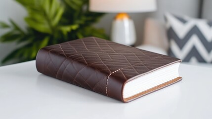Dark brown leather-bound journal on a white table