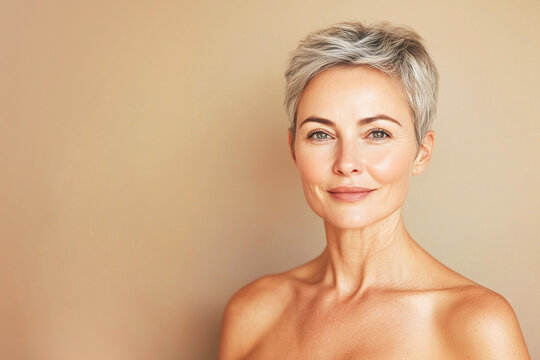 Adult elderly and beautiful woman 50 years old. Smiling charming mature woman , touches her cheek. Beauty and care cosmetology for mature facial skin. Makeup and cosmetology. adult skin, older lady