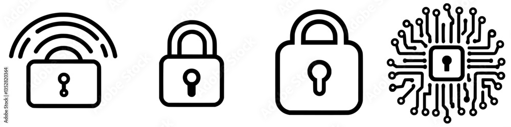 Poster various representations of cybersecurity concepts including locks and digital patterns showcasing da