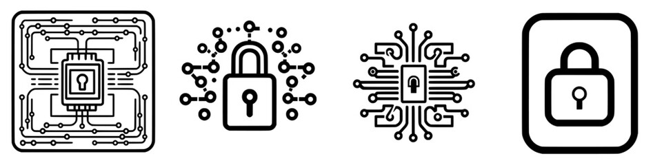 Digital security symbols representing data protection and cybersecurity across various designs and styles