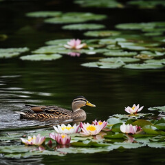 Obraz premium Elegant duck swimming among water lilies in a tranquil pond with a reflective surface and copy space