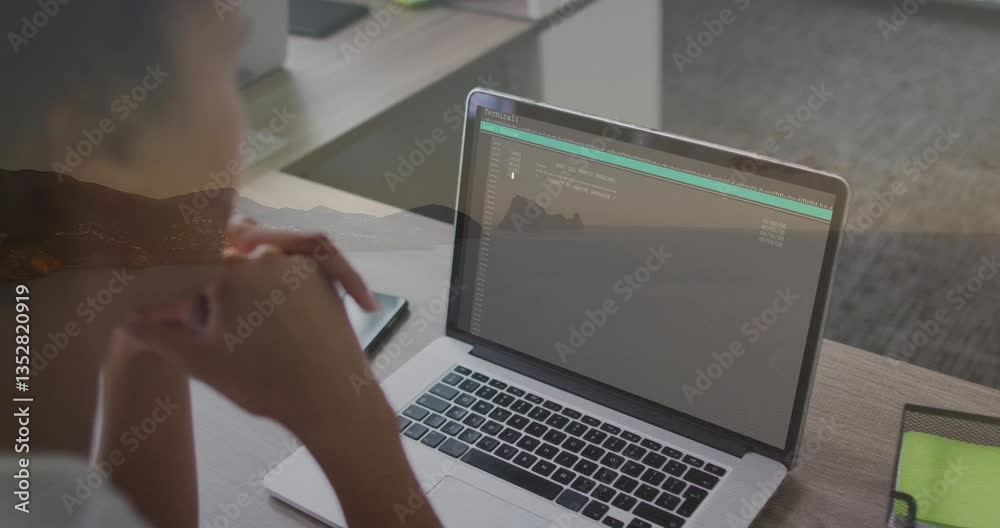 Poster in school, person coding on laptop, contemplating programming task with animation