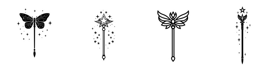 Obraz premium Magical wand designs featuring butterflies, stars, and floral motifs in a striking black and white style
