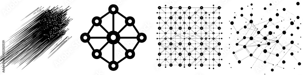 Poster complex black and white vector designs representing various abstract network structures and patterns