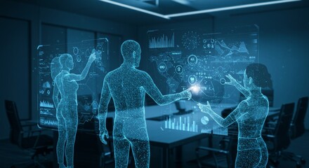 Teamwork and Data Analysis - Three holographic figures collaborate on interactive data displays in a modern office setting, showcasing advanced technology and teamwork