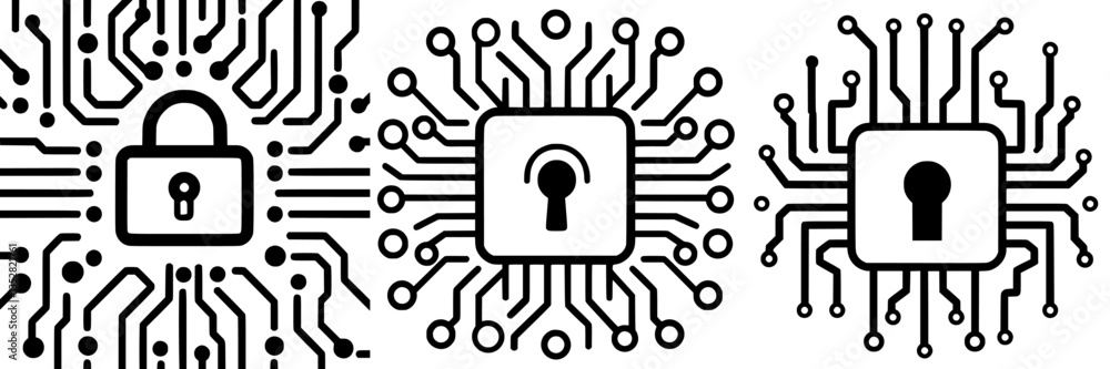 Poster cybersecurity concepts represented by padlocks and keys in a circuit board design on a monochrome ba
