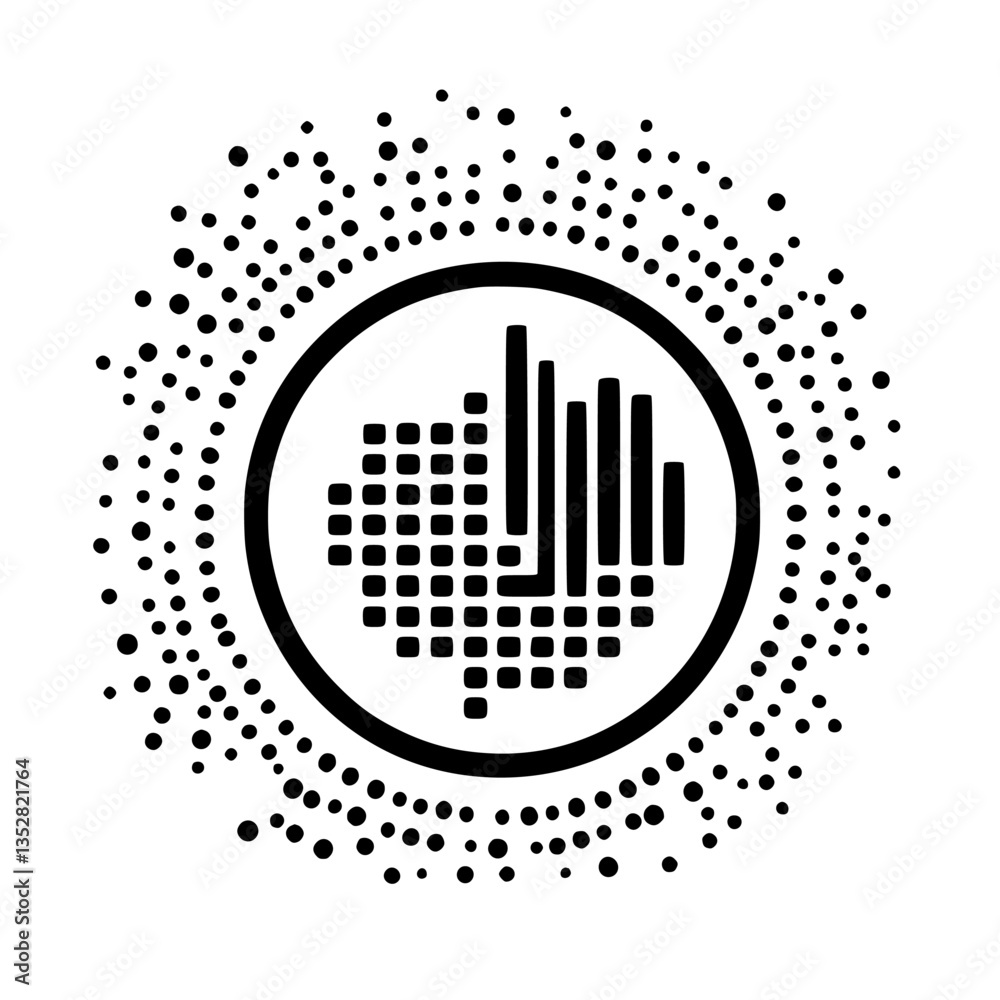 Poster creative abstract design featuring digital patterns in a circular format with dots and bars emphasiz