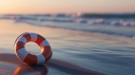 Naklejka premium Lifebuoy on the Beach at Sunset Safety Equipment by the Sea