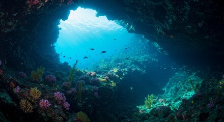Sunlit Underwater Cave Serenity - Mystical underwater cave, sunlight beams, vibrant coral reef, marine life, serene beauty. Symbolizing peace, discovery, hidden beauty, underwater world, tranquility
