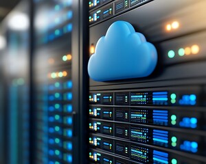 Cloud computing concept depicted with server racks inside data center