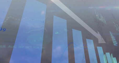 Bar graph and downward arrow animation over cloudy sky background