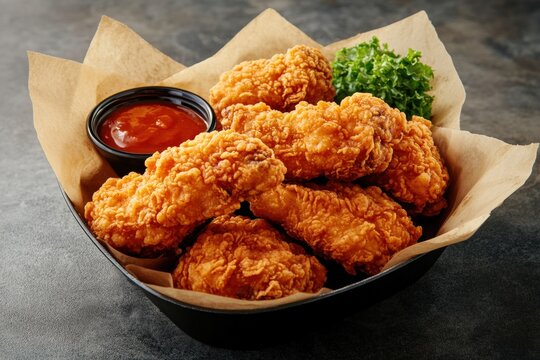 Deliciously crispy fried chicken served with tangy sauce and greens Generative AI