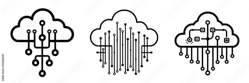Poster digital cloud designs featuring interconnected circuits and lines representing technology and data f