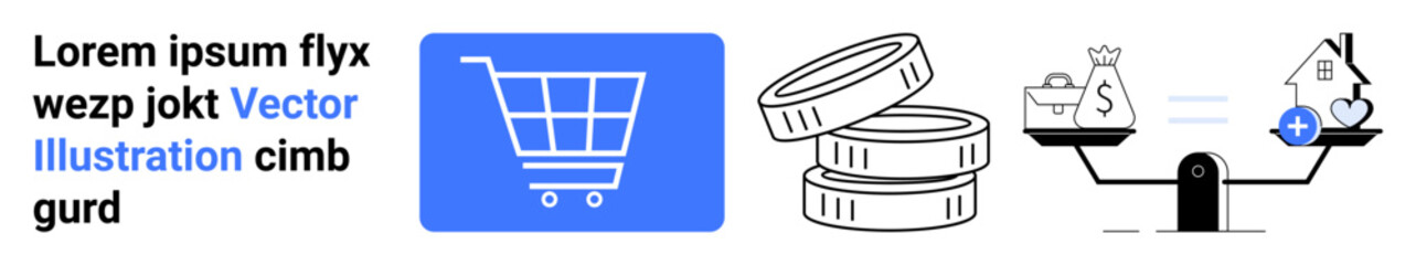 Shopping cart, coins, and balanced scale with money and house. Ideal for e-commerce, budgeting, investments, saving, financial planning, economy and simple landing page
