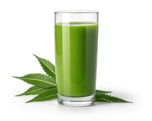 Glass of fresh neem juice with neem leaves on white background, natural herbal detox and immunity booster drink