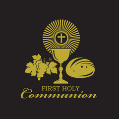 golden holy communion icon with chalice, grapes and bread isolated on black background