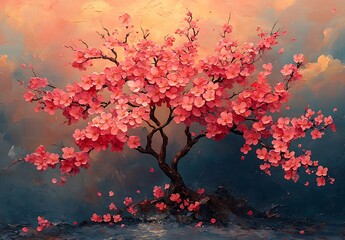 Vibrant Pink Blossom Tree Against a Colorful Sunset Sky

