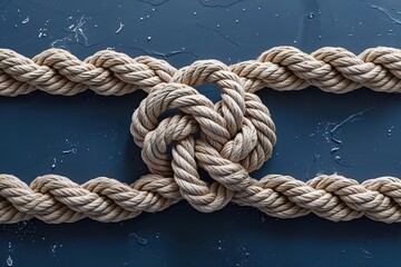 Fototapeta premium Twisted Rope Border with Buoyant Sailor's Knot on Nautical Background for Summer Travel Invitation Design