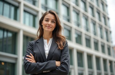 Fototapeta premium Portrait of successful business woman smiling confidently in front of modern building. Corporate female leader poses outside, dressed in formal suit. Happy, attractive entrepreneur, manager,