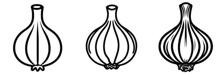 Different varieties of garlic showcased in a simple illustration with distinct shapes and lines