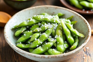 Savoring fresh edamame beans with a sprinkle of sea salt in a cozy setting Generative AI