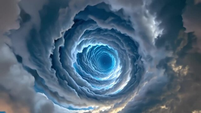 Massive swirling vortex of clouds forming a hypnotic spiral in the sky, illuminated by soft sunlight with deep blue and silver hues. Concept of mystery and the power of nature