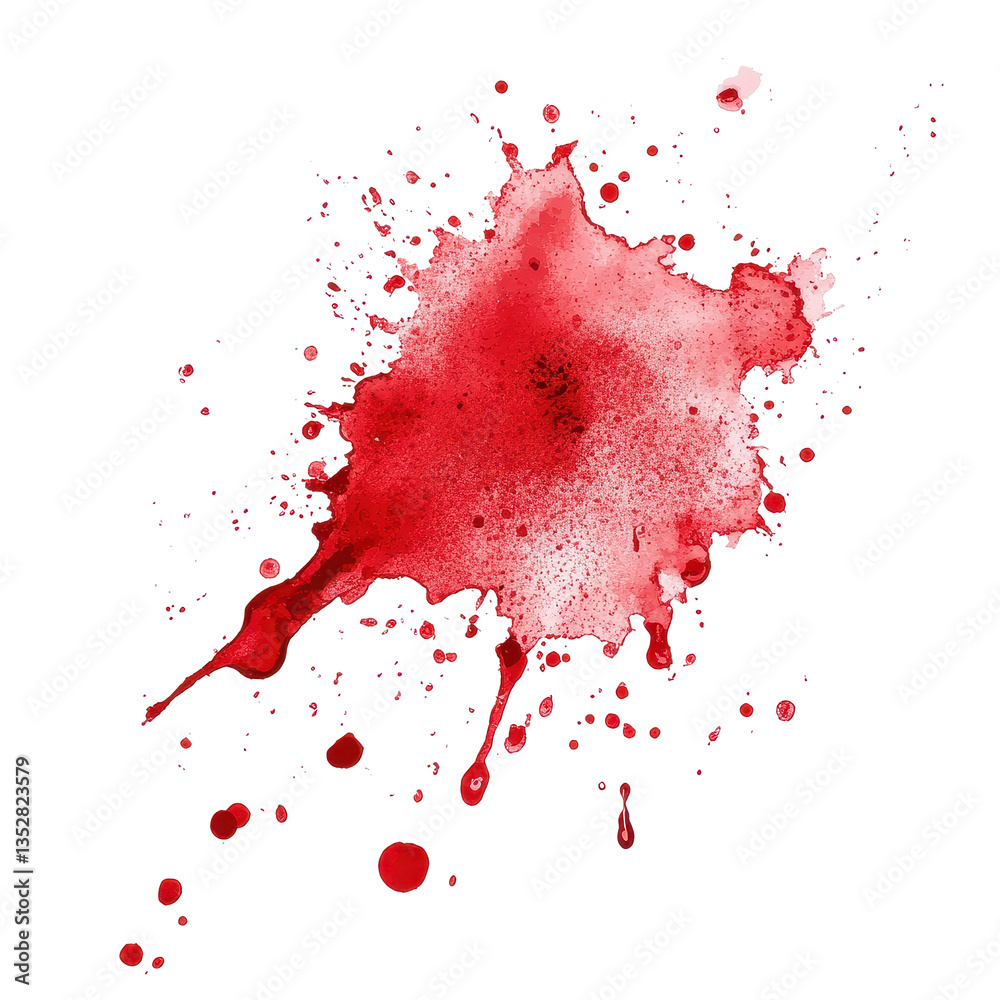 Poster blood stain with dynamic splatter on white background emphasizing texture and vivid color detail, bl