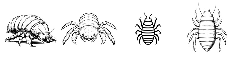 Obraz premium Different types of insects and arachnids illustrated in black and white, showcasing their unique characteristics and features