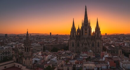 Fototapeta premium Barcelona Cathedral Sunset Panorama - Stunning panoramic view of Barcelona Cathedral at sunset, showcasing the city skyline and warm golden light