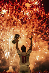 The footballer celebrates victory by raising the trophy under a dazzling display of fireworks