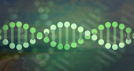 Animating DNA strand over coastal landscape with green hues, vibrant nature setting - Powered by Adobe