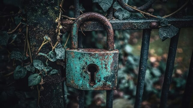 Rusty Padlock on an Old Metal Gate Surrounded by Greenery and Vines Perfect for Themes of Aban