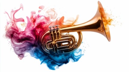 Euphonium musical instrument with colorful smoke art element composition