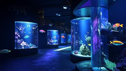 Aquarium exhibit, vibrant fish, dark interior,  photographic display, use in tourism brochures