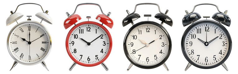 Classic Alarm Clocks in Various Styles Displayed on White Background, Isolated on Transparent Background