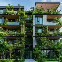 Fototapeta premium Futuristic design with vertical gardens and solar panels high resolution picture