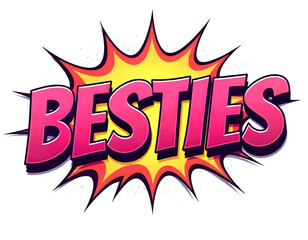 Pop art pink besties text explosion, orange yellow best friend, wording on white background illustration, family wall art