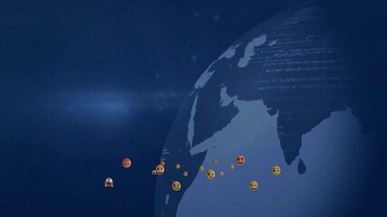 Animation of floating emojis around digital globe on dark blue background - Powered by Adobe
