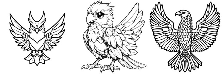 Fototapeta premium Collection of bird illustrations featuring detailed designs of an owl, a mythical creature, and a hawk in black and white
