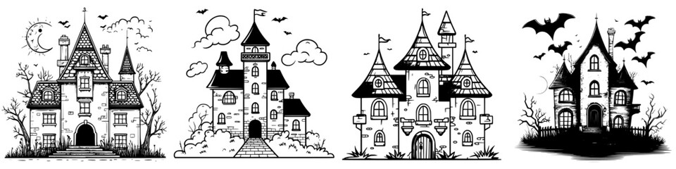 Intricate black and white illustrations of spooky castles set against a mystical landscape during twilight hours
