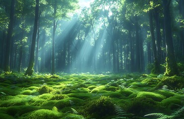 Obraz premium Verdant Forest with Sunlight Streaming Through Trees and Lush Moss Carpet