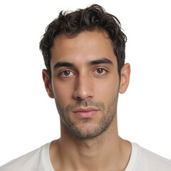 Fototapeta premium Portrait of a Middle Eastern man with a warm gaze exuding serenity against a minimalist white background
