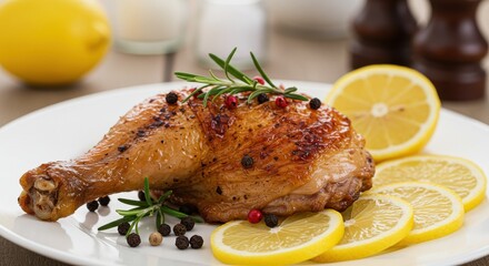 A close up of a roasted chicken leg garnished with lemon slices and herbs on a white plate view