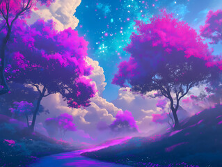 Enchanting River Pathway Through Purple Trees with Cloud Filled Sky