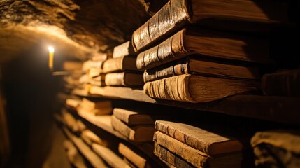 Stack of Ancient Books Illuminated by Candlelight in a Dimly Lit Room Perfect for Historical