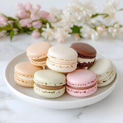 Obraz premium Colorful macarons on plate, floral background, dessert photography, food blog