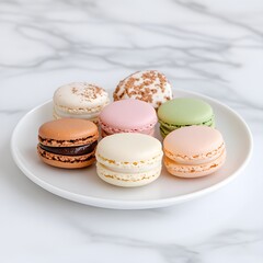 Fototapeta premium Colorful macarons on plate, marble background, dessert, food photography, bakery
