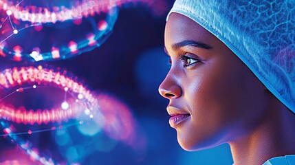 Female doctor in surgical cap gazes at dna structure