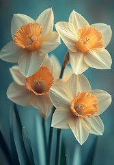 Obraz premium Delicate Daffodils with Pale Yellow Petals and Orange Centers on a Soft Blue Background