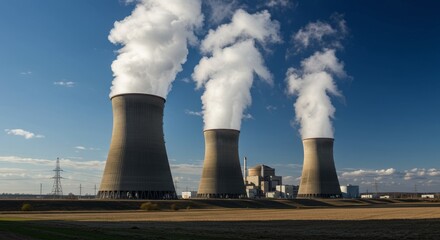 Majestic Cooling Towers: Nuclear Power Plant Steam - Imposing industrial structures, billowing steam, energy production, environmental impact, technological advancement